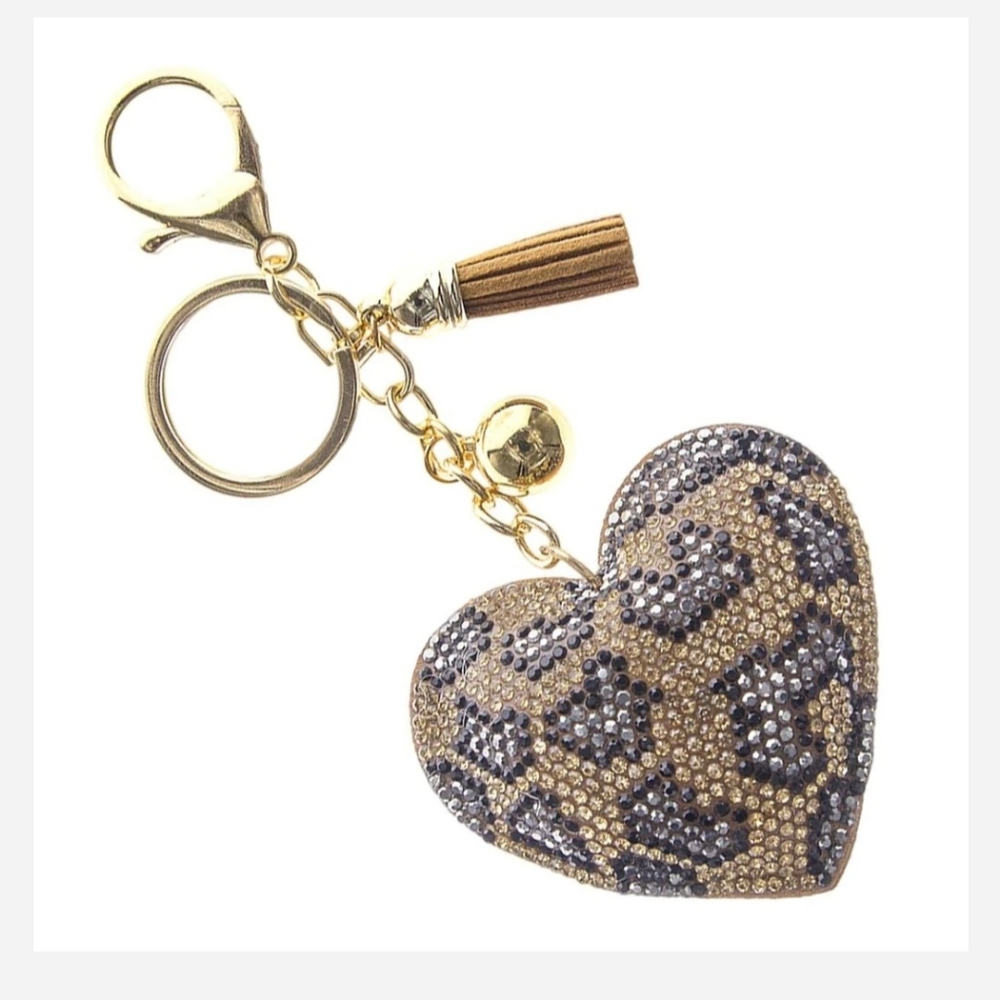 Animal print puffy heart tassel ball brown tan keychain mob wives - Picture 3 of 5